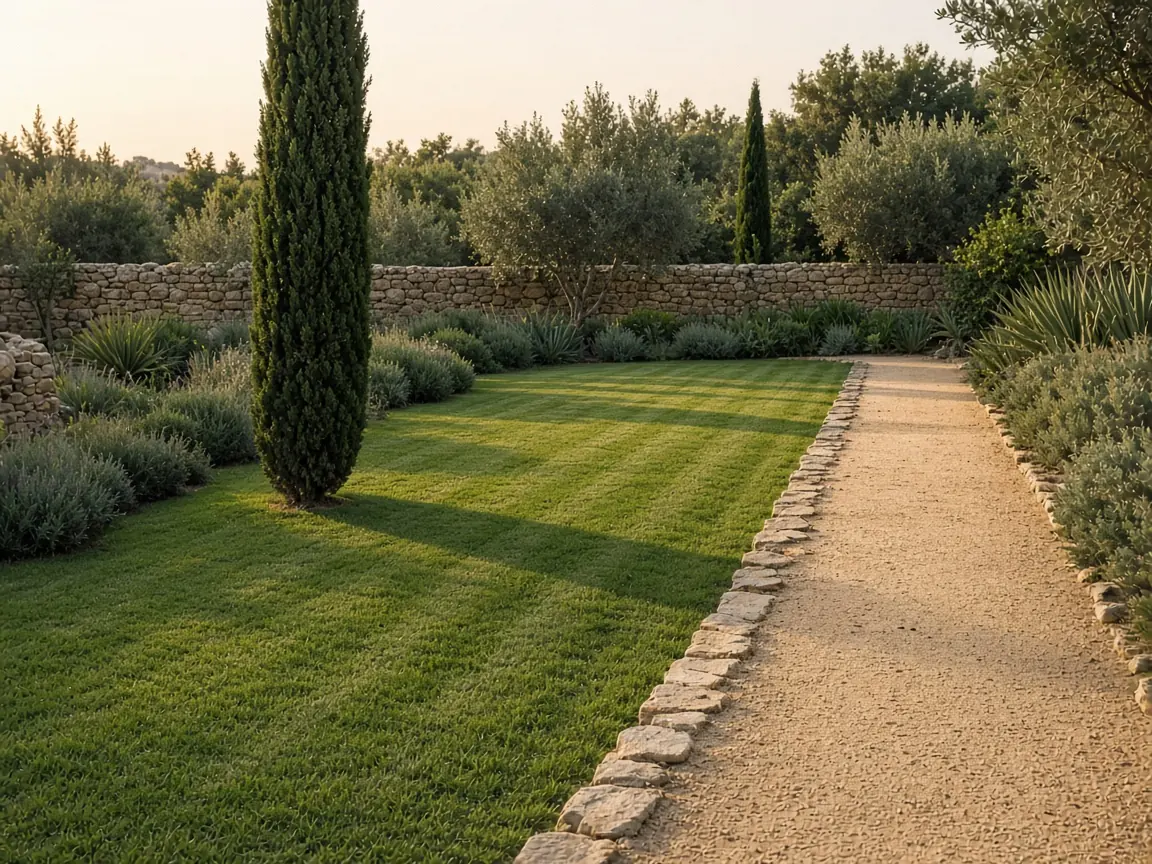 Césped mediterráneo con sombra de ciprés