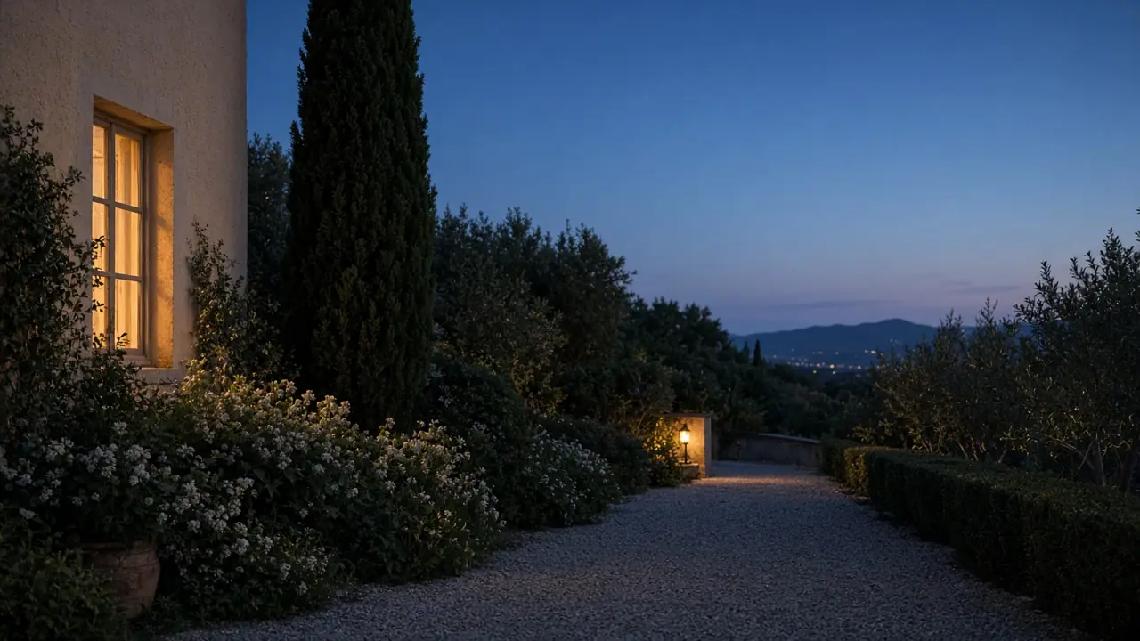 Jardín mediterráneo al anochecer
