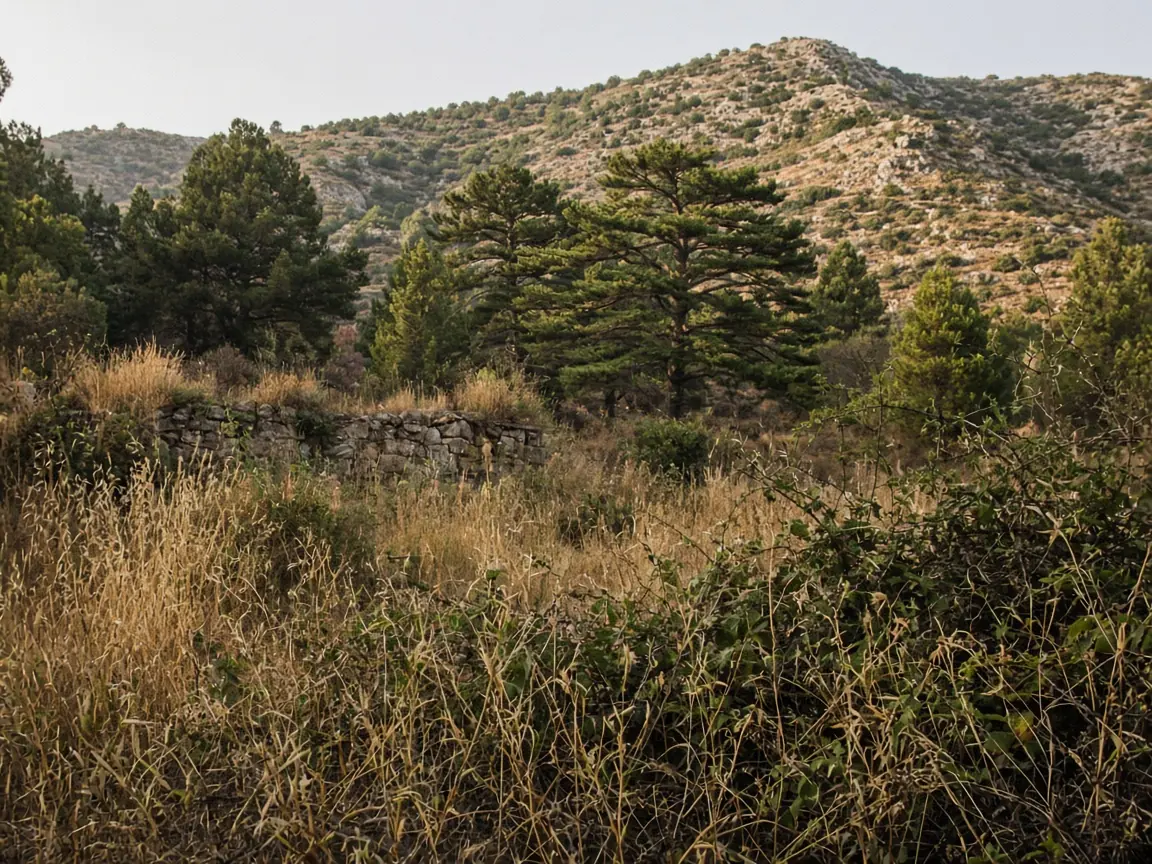 Parcela con hierba alta al pie de la sierra