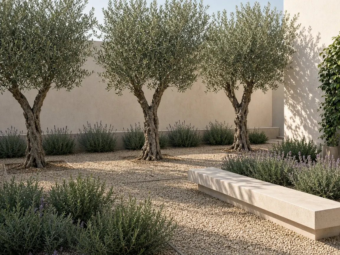 Jardín de grava con olivos y lavanda