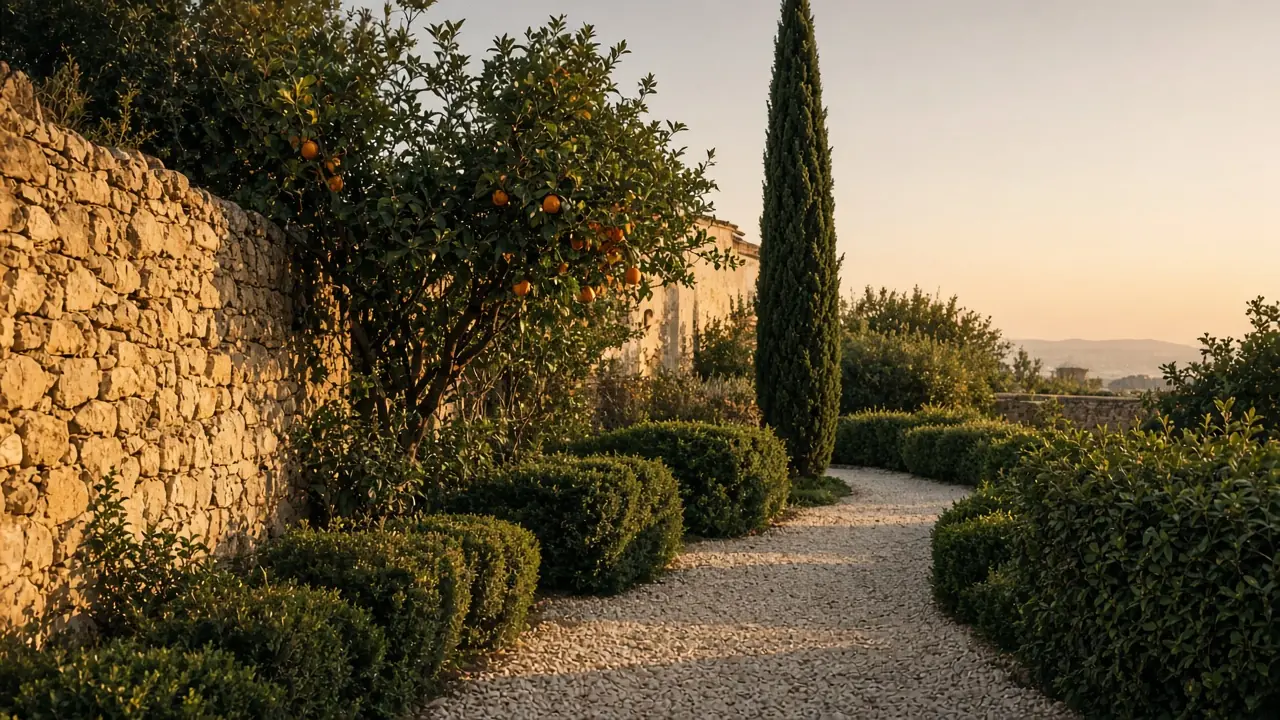Jardín mediterráneo con naranjo, ciprés y camino de grava al atardecer