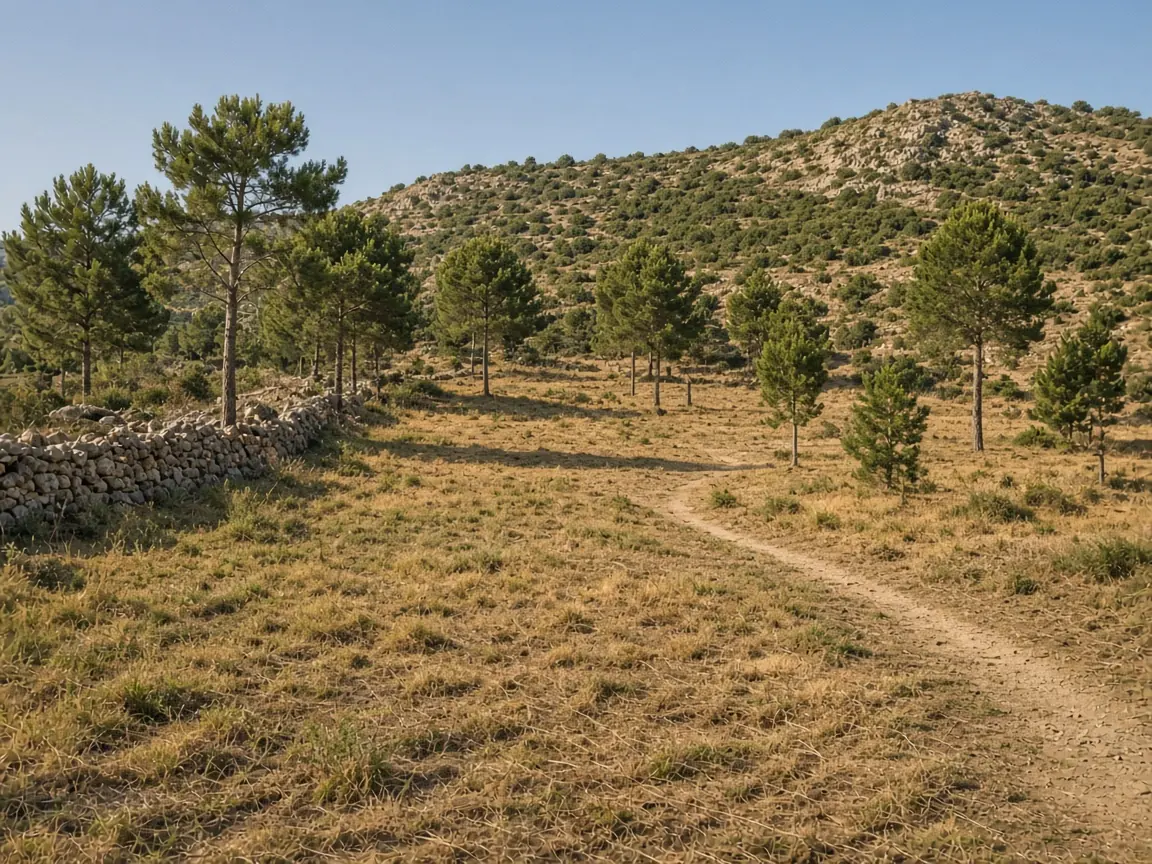 Parcela despejada con pinos y muro de piedra